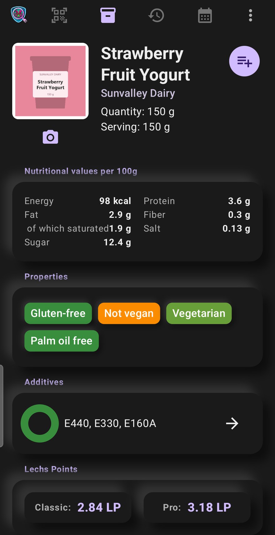 Lechs Food Viewer - Produktseite mit Nährwerten und Lechs Points