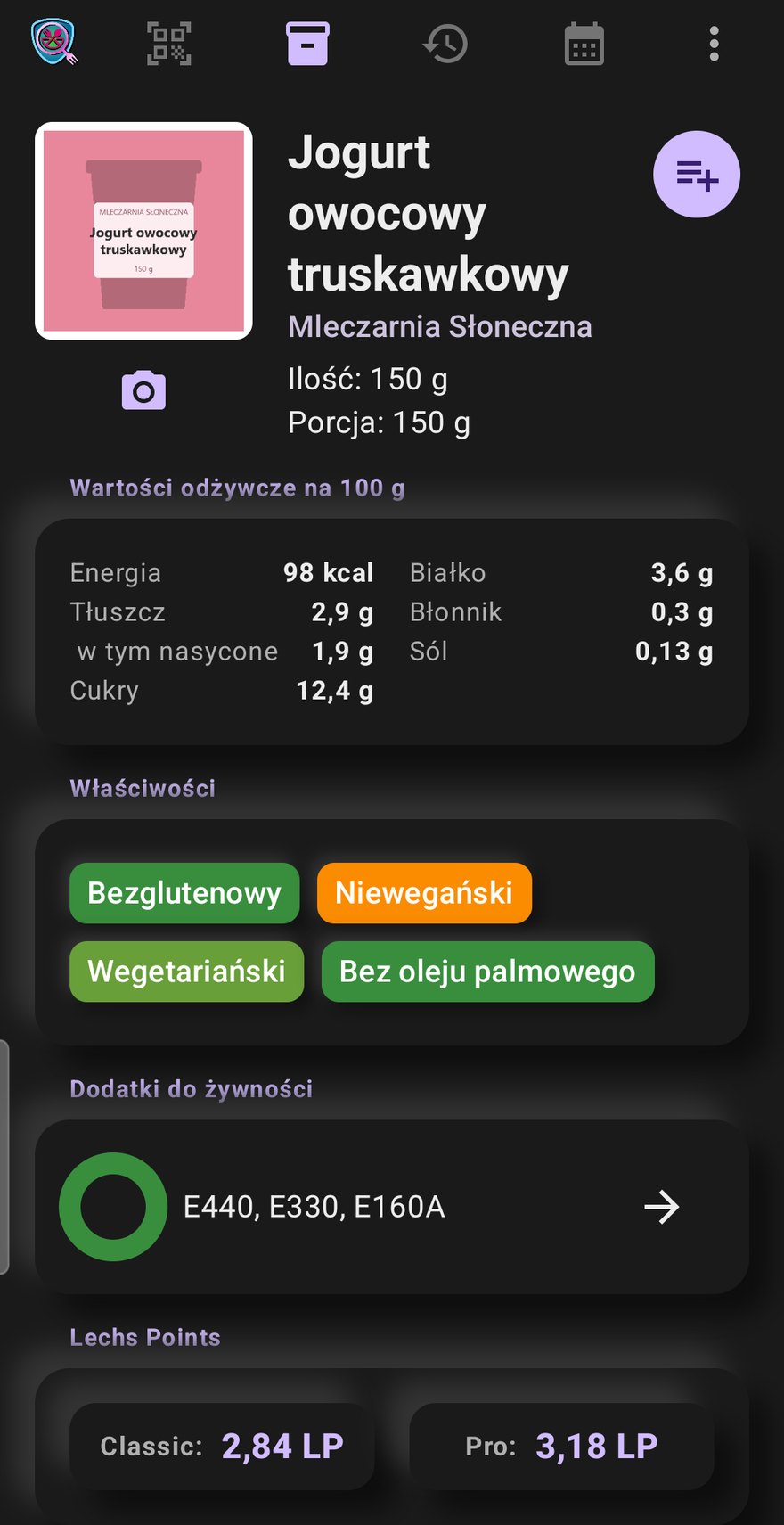 Lechs Food Viewer - Produktseite mit Nährwerten und Lechs Points