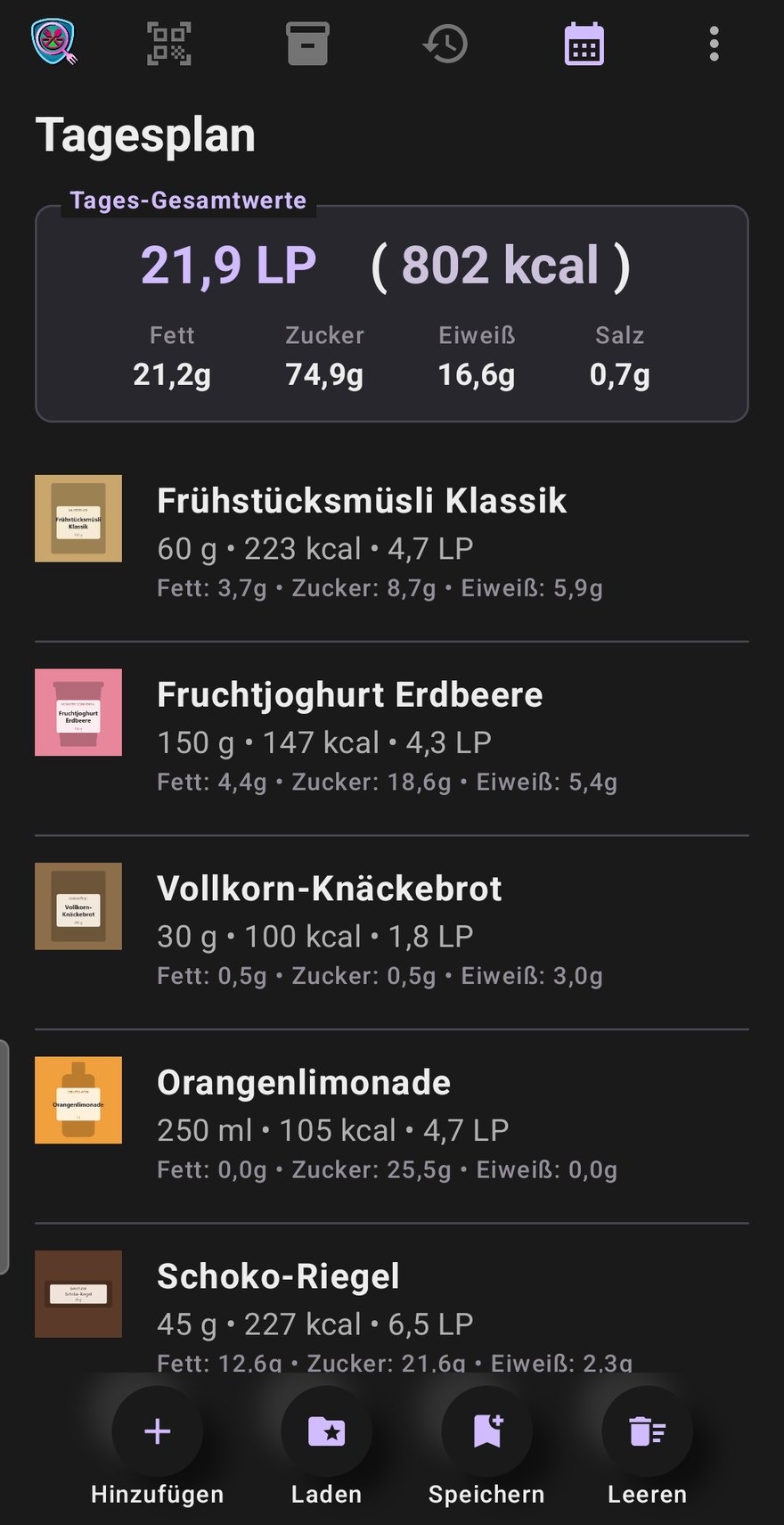Lechs Food Viewer - Tagesplan mit Tagessumme