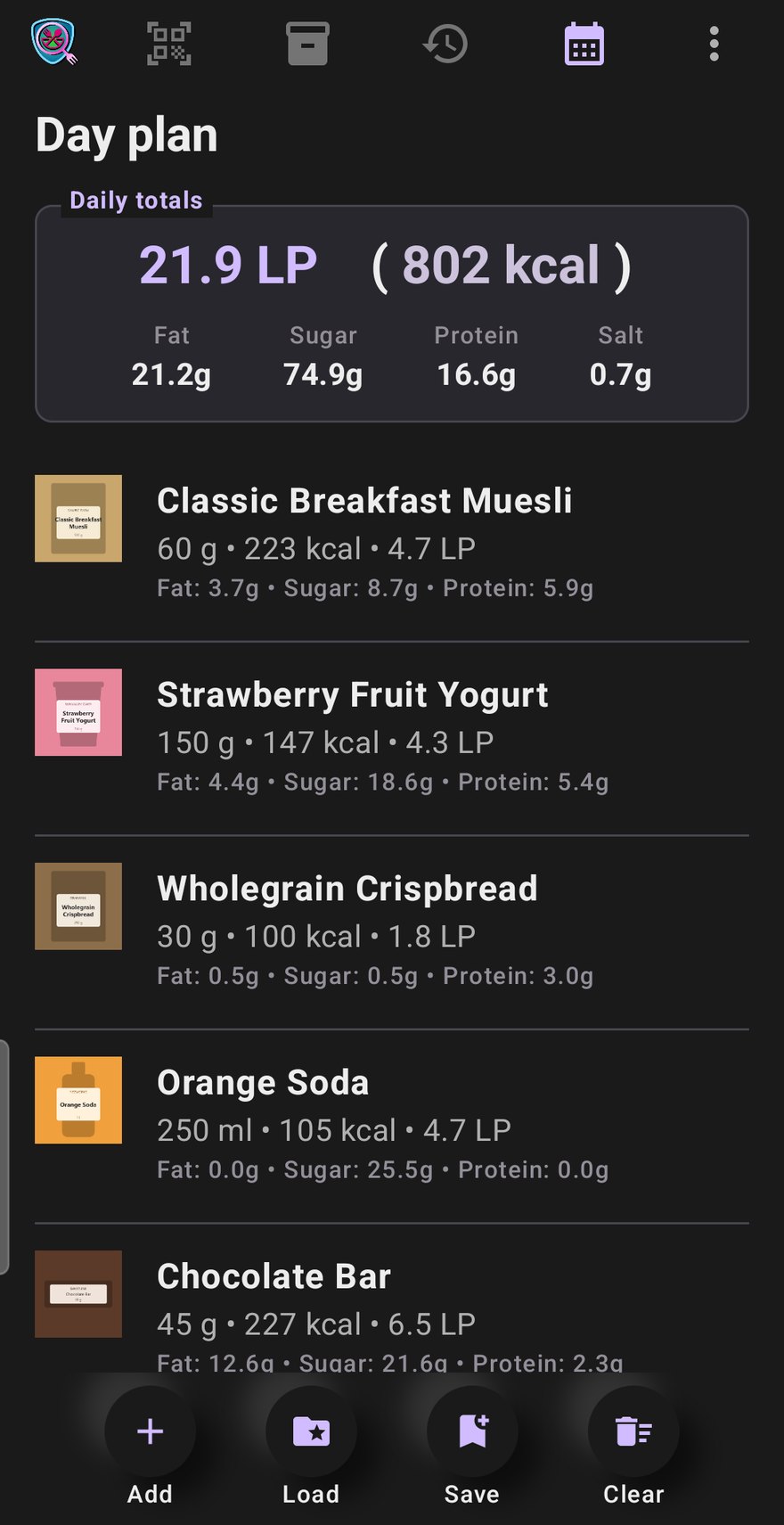 Lechs Food Viewer - Tagesplan mit Tagessumme