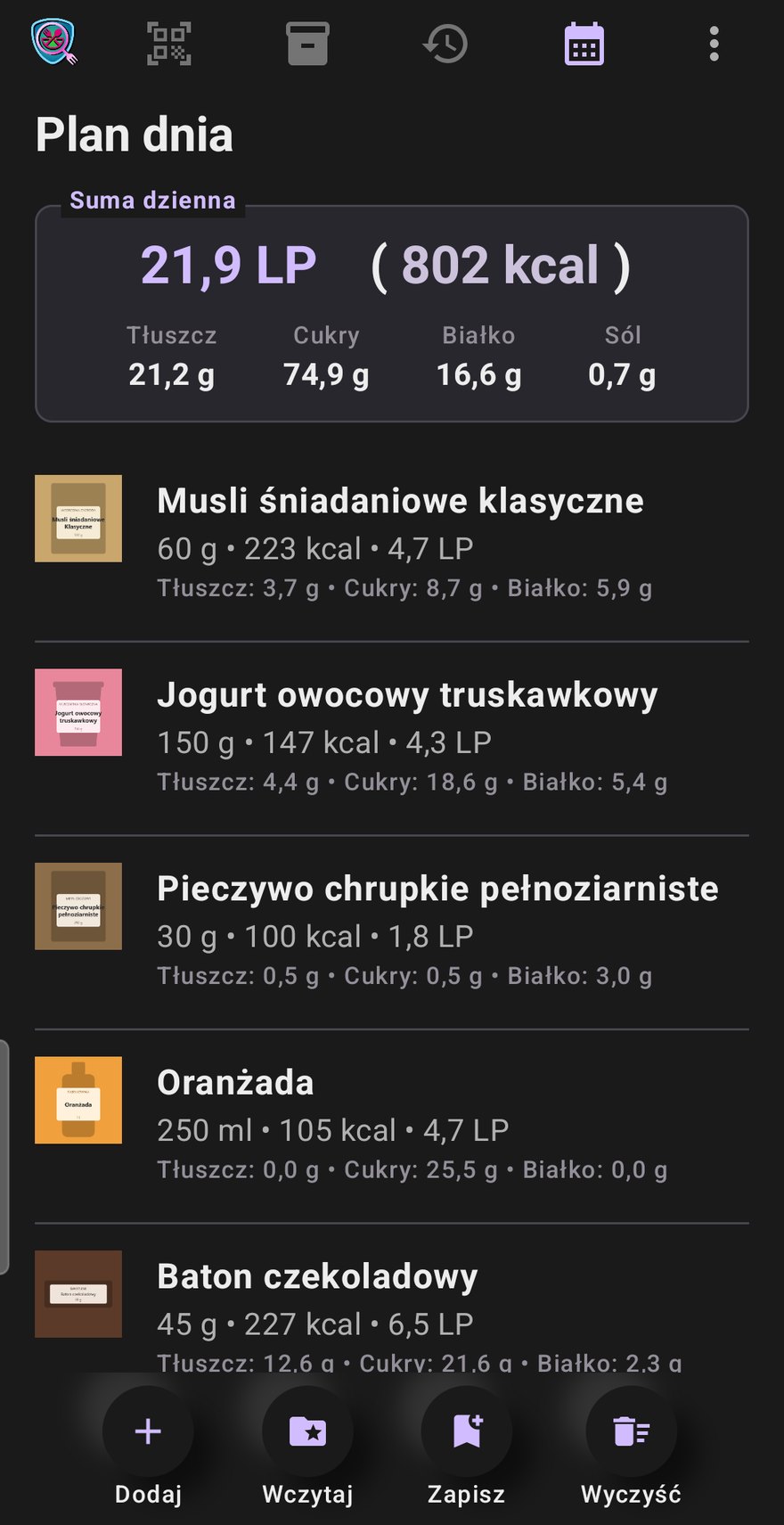Lechs Food Viewer - Tagesplan mit Tagessumme