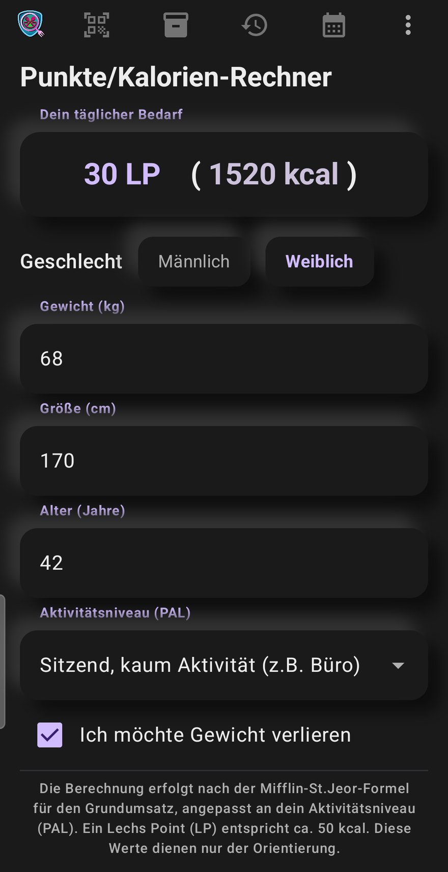 Lechs Food Viewer - Punkte- und Kalorienrechner