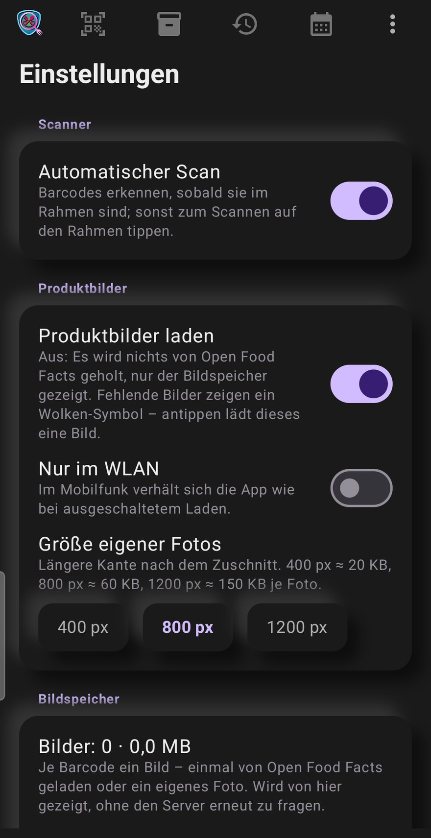 Lechs Food Viewer - Einstellungen und Bildspeicher
